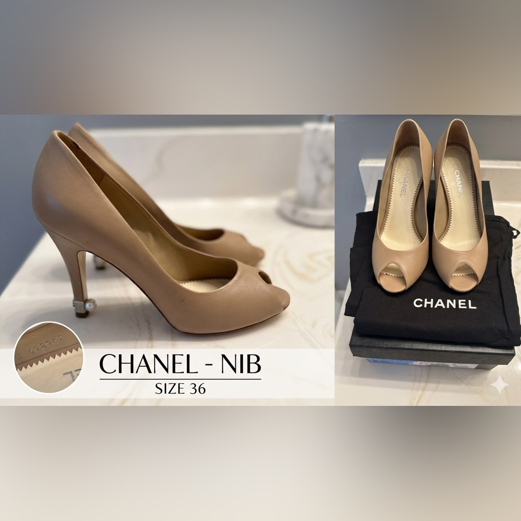 Nib Chanel Beige Leather Pearl Heel Peep Toe Pumps - Size 36